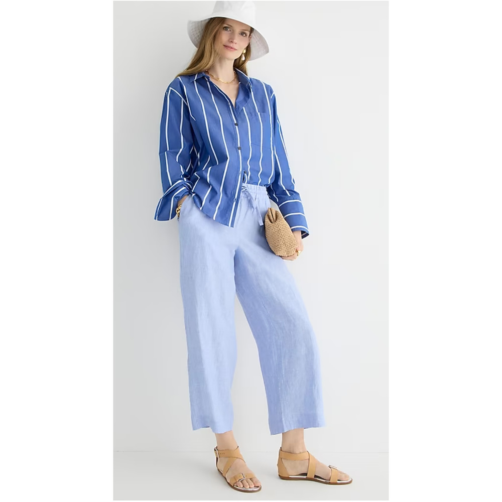 J.Crew Blue Wide Leg Seaside Linen Cropped Pant Trouser Size S